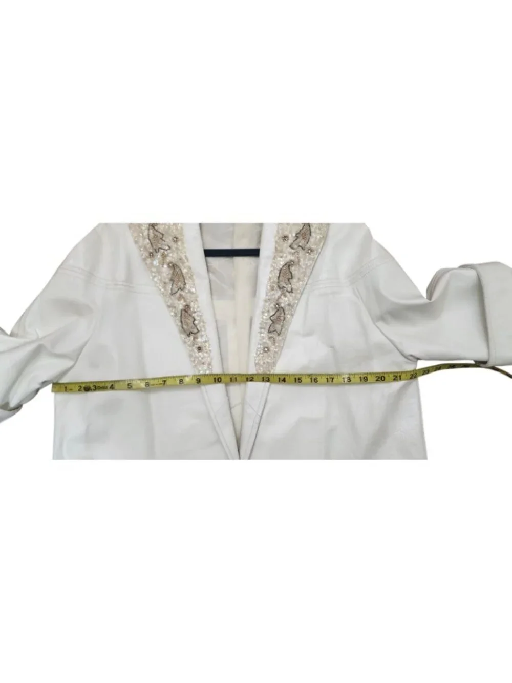 Vintage White Genuine Leather Beaded Sequin Jacket Women Cropped Open Front Boho